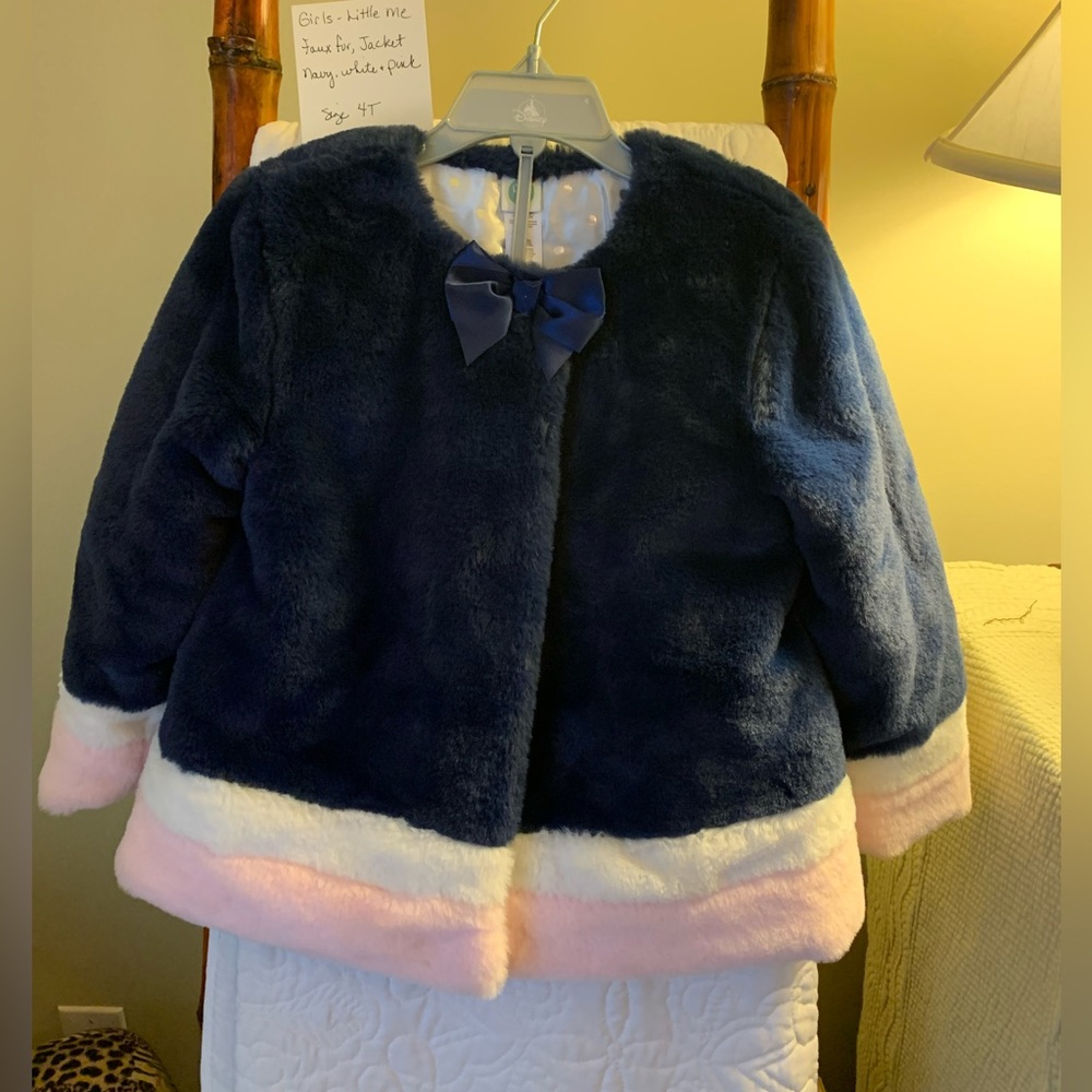 Girls - Little Me - Navy Faux Fur Jacket with White and Pink Accents